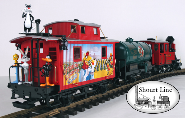 LGB 72997 Looney Toon Train Starter Set - ACME Railways 0-4-0 Loco, Tank car, Caboose, 4 METAL Cartoon Figures, Circle Track,  Power Pack, Track Clips, Documents, Certificate